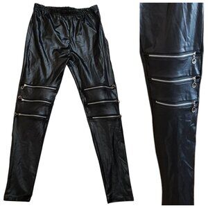 ABD Wet-Look Stretch 3-Zipper Mid-Rise Leggings Womens Med Black Silver NEW